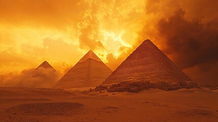 Pyramids of Giza in Egypt under a dramatic desert sky.