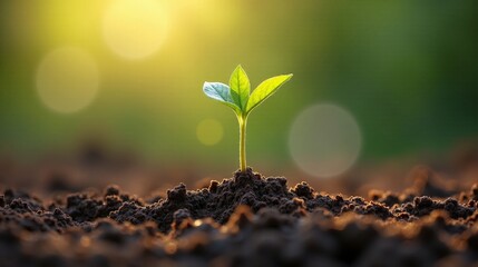 Vibrant Young Green Plant Emerging From Dark Soil In Sunlight - Eco Friendly Concept