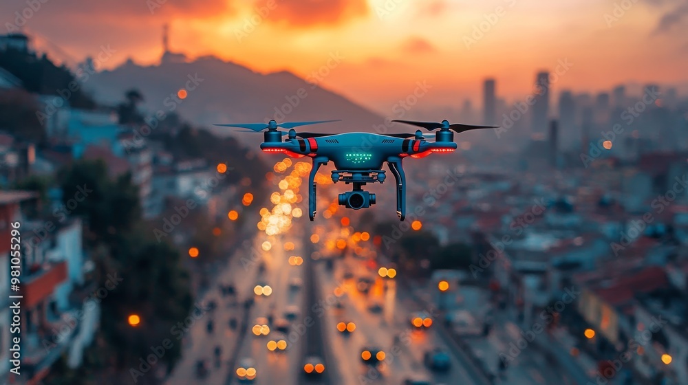 Poster drones navigating a smart city at sunset with advanced ai technology in action