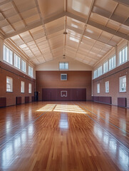 Empty gymnasium with polished wooden floor high ceiling large windows natural light basketball court classic sports venue school hall community event rental space vintage retro aesthetic