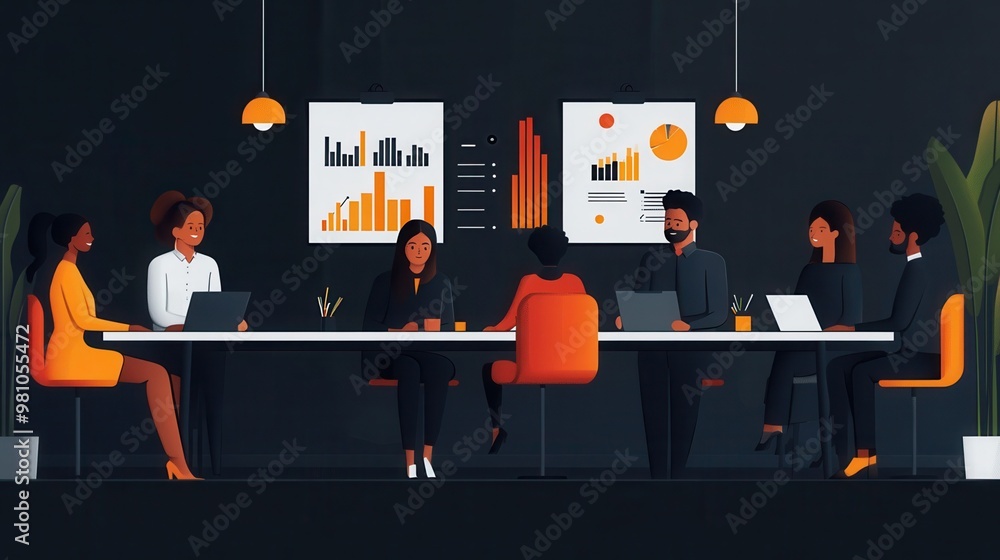 Poster strategic insights: a diverse team of analysts collaborate on data-driven strategies in a sleek, mod