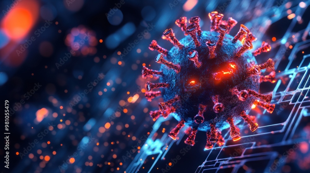 Poster a model of a virus cell with glowing spikes, representing a dangerous strain in a digital environmen
