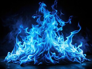 Vibrant blue flames erupt from a dark background, casting an ethereal glow, evoking a sense of fiery intensity