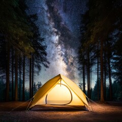 Night view of a tent in the forest, stars visible through the canopy, camping stargazing, hidden under the universe