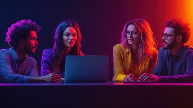 Neon Collaboration: Diverse team huddles under vibrant lights, strategizing around a laptop, embodying modern teamwork and innovation. 