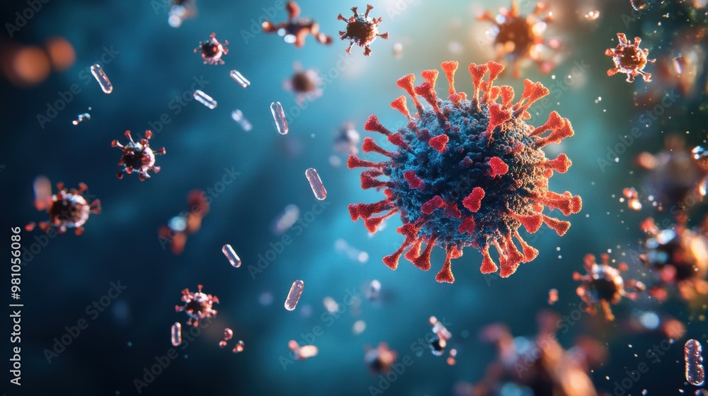 Aufkleber a 3d rendering of a virus particle surrounded by antibodies, symbolizing the immune system fighting 