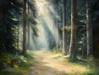 Naklejka premium Enchanting Woodland Path with Towering Trees and Cascading Sunlight