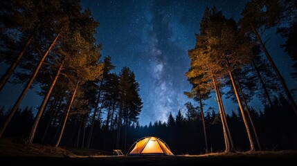 Nighttime view of a forest camp, stars visible through the trees, camping stargazing, hidden wonders