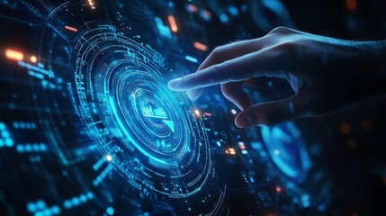 A futuristic interface with a hand interacting with glowing digital elements.