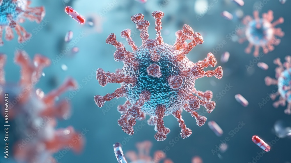 Poster a 3d rendering of a virus particle surrounded by antibodies, symbolizing the immune system fighting 