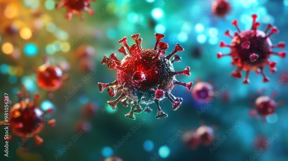 Poster a 3d rendering of a virus particle surrounded by antibodies, symbolizing the immune system fighting 