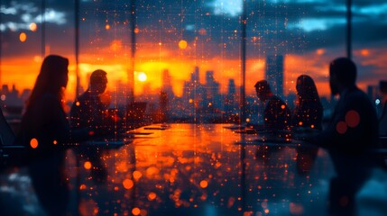 A modern office setting with business professionals engaged in a dynamic roundtable discussion, framed by a blurred abstract network in the background.