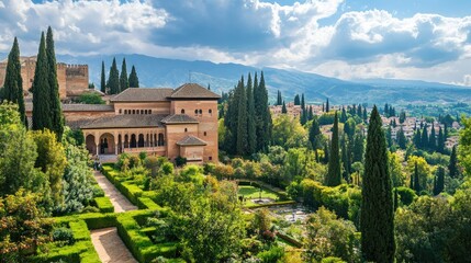 The Alhambra in Granada, Spain, with its intricate architecture and gardens.