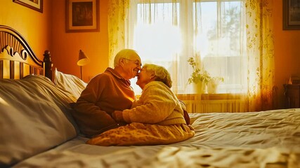 An elderly Caucasian couple share a tender moment on their bed in a warmly lit bedroom. The man and woman, both wearing cozy clothing, lean in close as early morning sunlight fills the room, creating - Powered by Adobe
