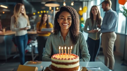 Smiling woman celebrates birthday at work with cake