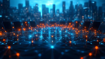 Fototapeta premium A professional roundtable discussion among business leaders, with a blurred abstract network background, representing global communication and innovation.