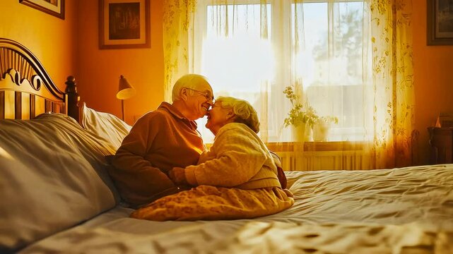An elderly Caucasian couple share a tender moment on their bed in a warmly lit bedroom. The man and woman, both wearing cozy clothing, lean in close as early morning sunlight fills the room, creating