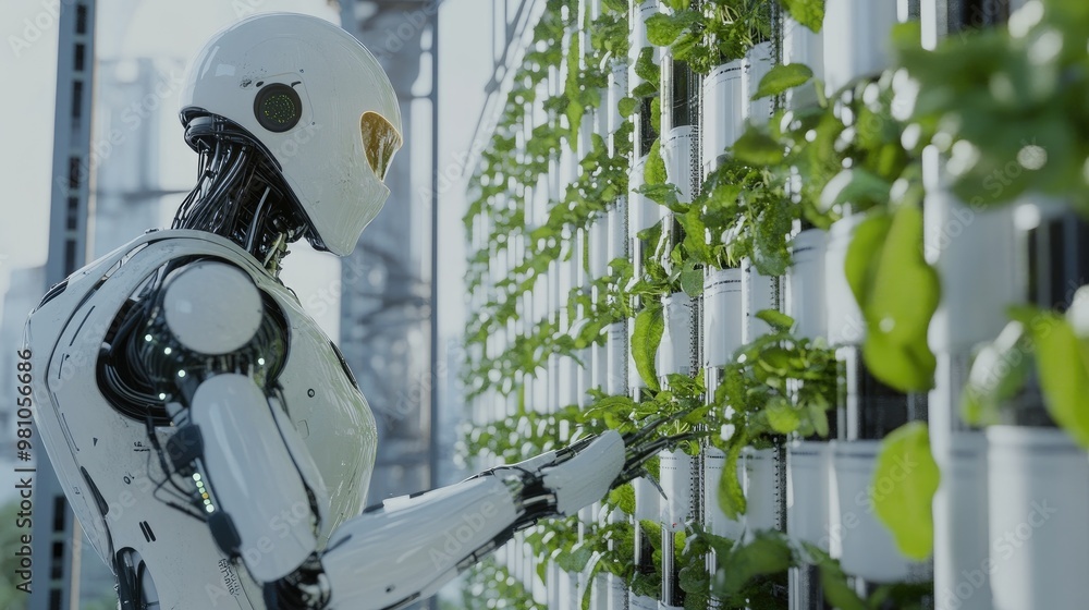 Poster smart robots harvesting crops from an advanced vertical farming system in a high-rise building.