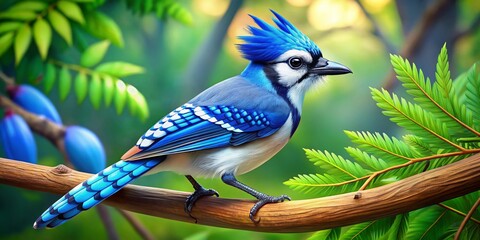 Vibrant blue jay with exaggerated features and bright feathers perches on a branch, showcasing its bold personality in