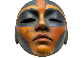 a face mask with a face painted orange and black. 