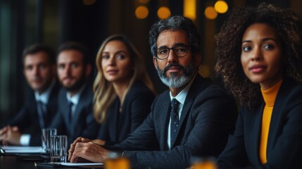 The Weight of Decisions: A diverse leadership team, their faces etched with focus and determination, convene for a high-stakes meeting. 