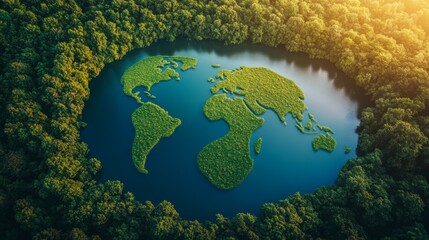Aerial View of World Map Shaped Lake in Forest