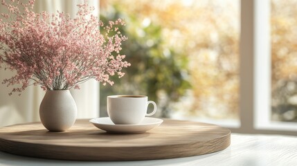 Morning Coffee with Pink Flowers and Wooden Tray on White Table
