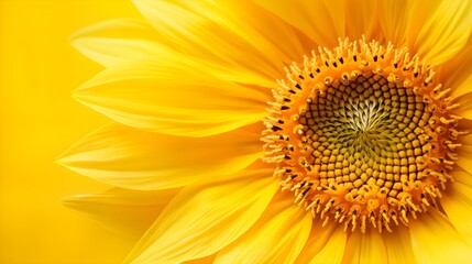 Obraz premium Macro shot of a sunflower's vibrant center, focusing on the detailed spiral pattern of the seeds, contrasted against the soft yellow petals