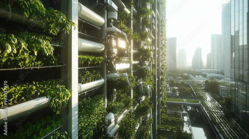 Poster smart robots harvesting crops from an advanced vertical farming system in a high-rise building.