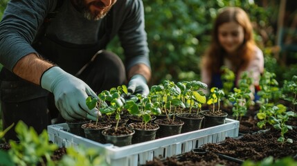Fototapeta premium Man Planting Seedlings in Garden with Woman in Background