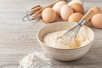 A whisk and mixing bowl with batter, representing the baking process