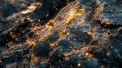 striking appearance of gold ore with its golden inclusions set against dark rock.