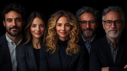 Confident and Professional Team Portrait: A diverse group of business professionals exudes confidence and professionalism, showcasing their leadership and expertise in a captivating portrait against a