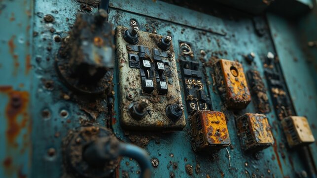 Macro shot of corroded electrical wiring in an outdated fuse box