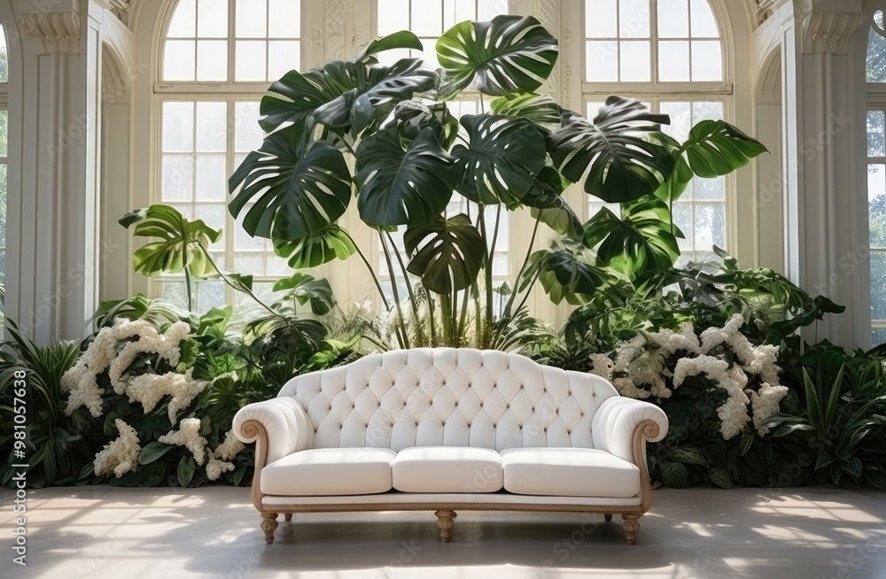 Poster a stylish white tufted sofa is strategically placed amidst vibrant green plants and large leaves, cr