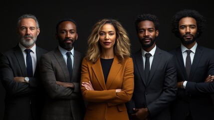 Power and Leadership: A diverse business team exudes confidence in a powerful portrait on a dark background, showcasing leadership and inclusion. 