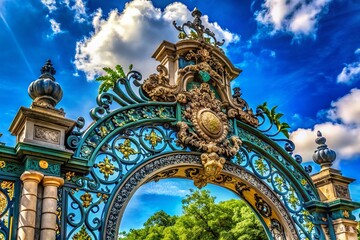 Vibrant blue sky above iconic ornate metal entrance arch with intricate lettering and ornamental details, surrounded by