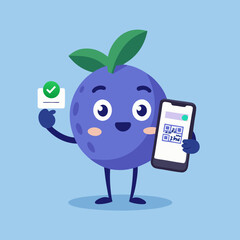 Cute Blueberry Character Holding a Phone with QR Code