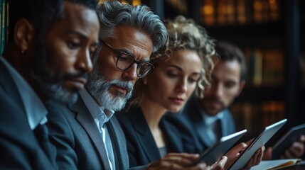 Focused Minds in the Boardroom: A diverse team of business professionals, engrossed in digital tablets, strategize in a sophisticated boardroom setting. 