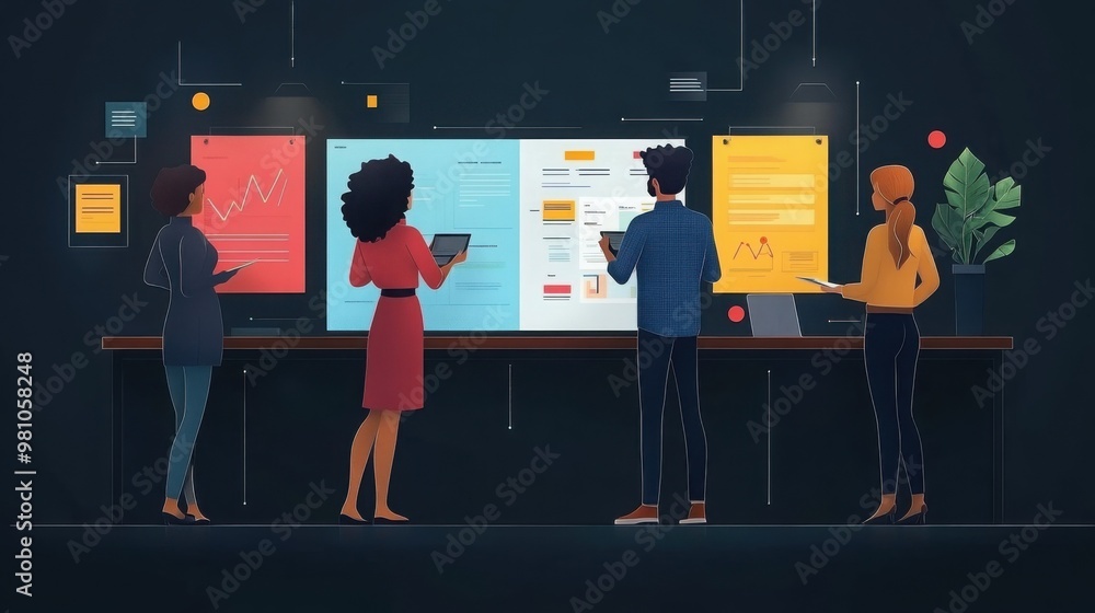 Poster data dive: a diverse team collaborates in a darkened room, bathed in the glow of vibrant data visual
