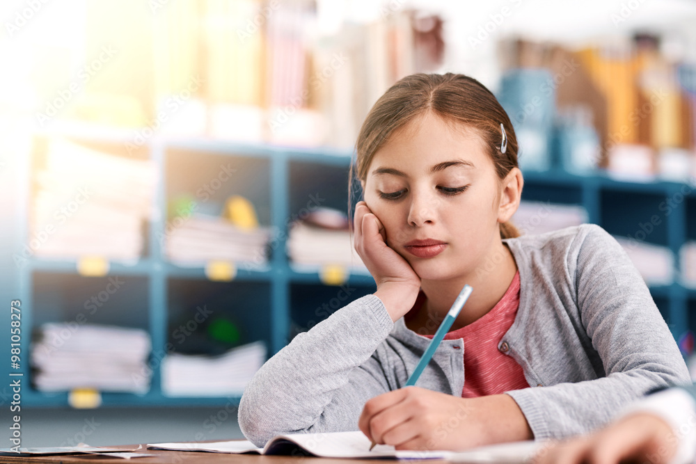 Aufkleber bored, learning and writing with girl student in classroom of school for child development or study.