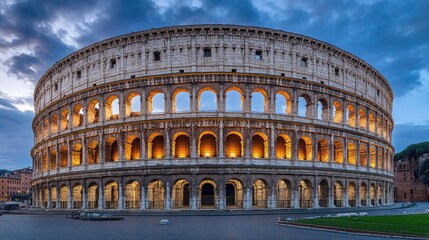 The Colosseum in Rome, Italy, lit by the soft glow of the evening sun.