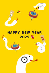 Illustration of a snake playing cheerfully in 2025,New Year's card vertical.
