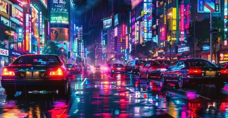 vibrant nightlife of a city with cars driving past neon-lit streets.