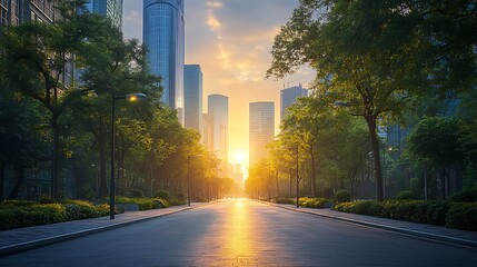 Fototapeta premium A serene urban street lined with trees and modern skyscrapers, illuminated by the warm glow of the sunrise, reflecting sustainable city living.