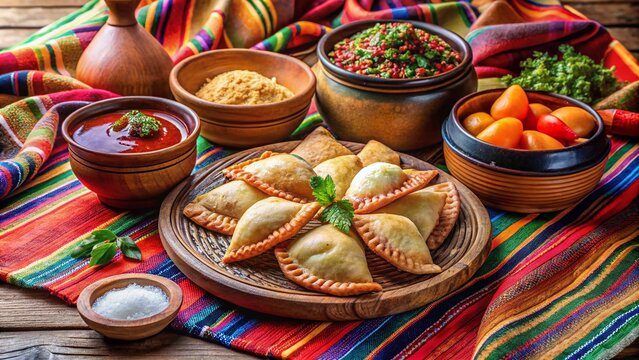 Vibrant Bolivian cuisine featuring steaming hot salte&ntilde;as, crispy llajua empanadas, and flavorful humitas, surrounded by