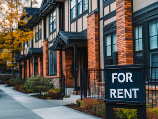 a row of townhouses with a black For Rent sign in front of them