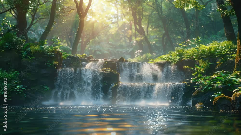 Wall mural animation serene forest waterfall with sunlight filtering through trees generated with ai