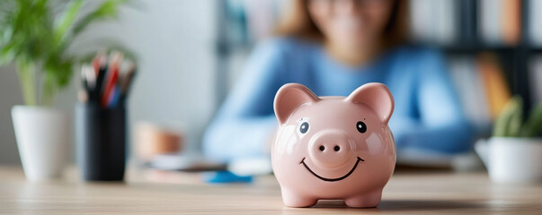 Obraz premium A pink piggy bank with a smiling face on a desk, representing saving money, financial planning, or budgeting.