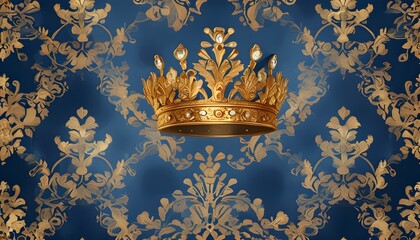 Majestic Golden Crowns in Elegant Repeating Pattern Set Against Rich Royal Blue Velvet Background